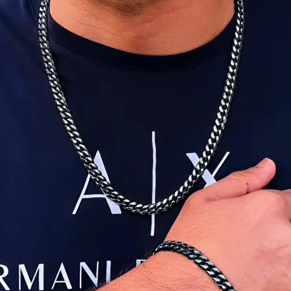 2Pcs Street Hip Hop Stainless Steel Cuban Chain Necklace Bracelet Set for Men Chunky Chain Set Male Punk Jewelry