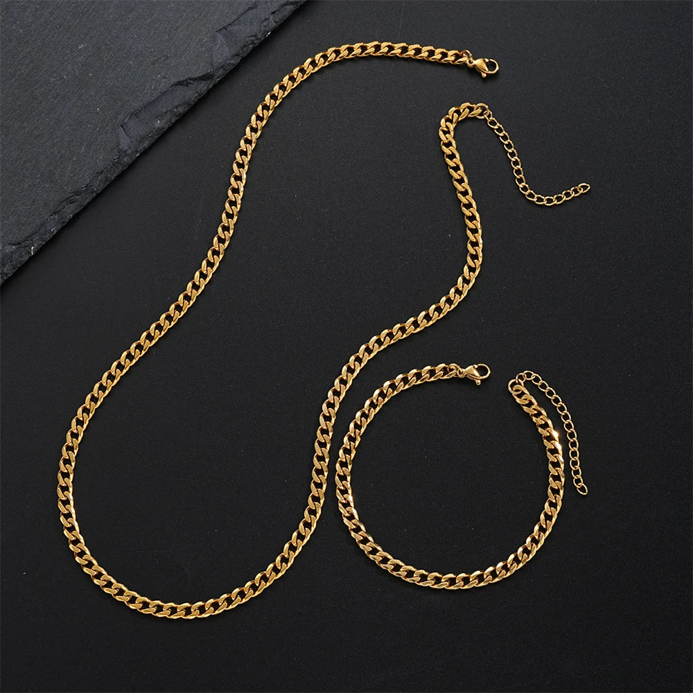 2Pcs Street Hip Hop Stainless Steel Cuban Chain Necklace Bracelet Set for Men Chunky Chain Set Male Punk Jewelry