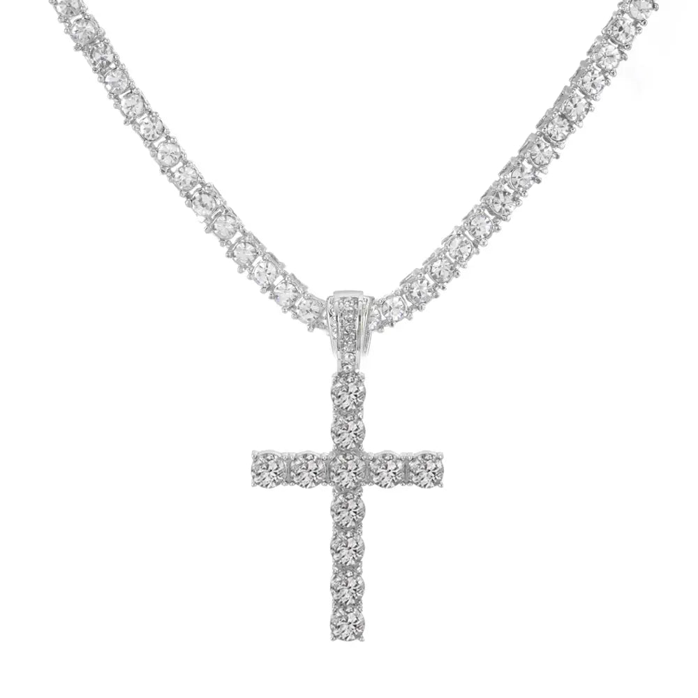 Men Women Hip Hop Cross Shiny Pendant with 4Mm Zircon Tennis Chain Charm Iced Out Bling Exquisite Necklace Jewelry Fashion Gift