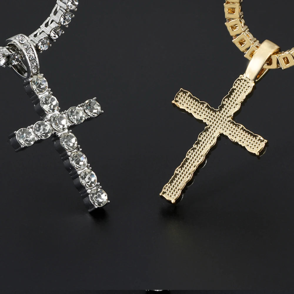 Men Women Hip Hop Cross Shiny Pendant with 4Mm Zircon Tennis Chain Charm Iced Out Bling Exquisite Necklace Jewelry Fashion Gift