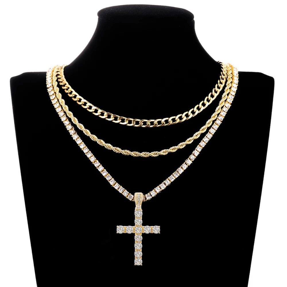 Men Women Hip Hop Cross Shiny Pendant with 4Mm Zircon Tennis Chain Charm Iced Out Bling Exquisite Necklace Jewelry Fashion Gift