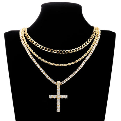 Men Women Hip Hop Cross Shiny Pendant with 4Mm Zircon Tennis Chain Charm Iced Out Bling Exquisite Necklace Jewelry Fashion Gift