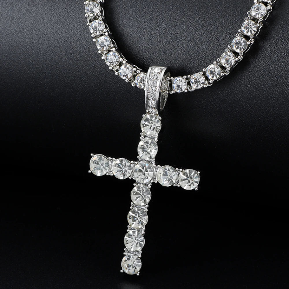 Men Women Hip Hop Cross Shiny Pendant with 4Mm Zircon Tennis Chain Charm Iced Out Bling Exquisite Necklace Jewelry Fashion Gift