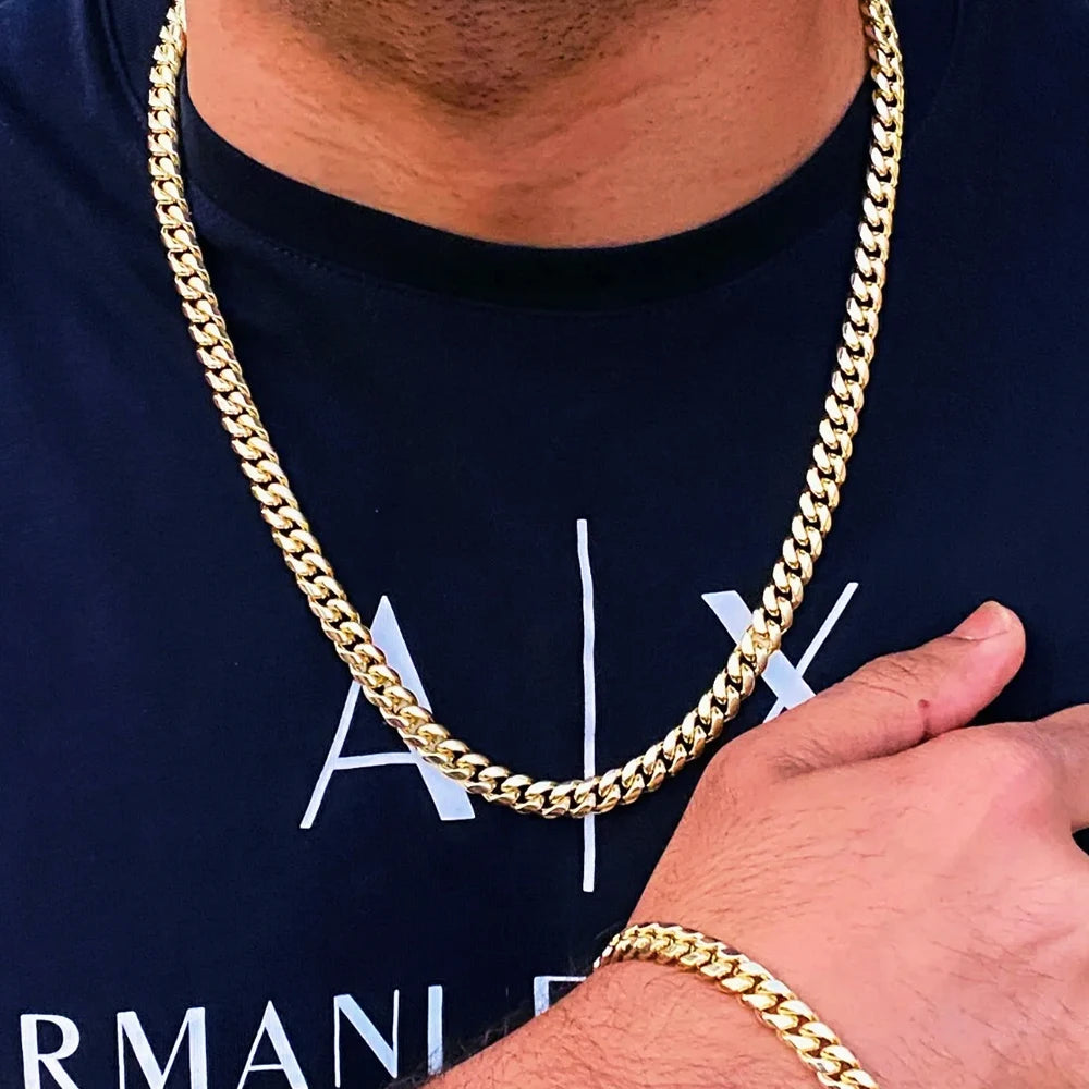 2Pcs Street Hip Hop Stainless Steel Cuban Chain Necklace Bracelet Set for Men Chunky Chain Set Male Punk Jewelry