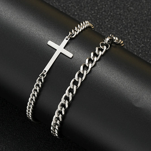 2024 New Stainless Steel Cross Cuban Chain Bracelet Set for Men Hip Hop Punk Snake Chain Bracelets Fashion Unisex Jewelry Gifts