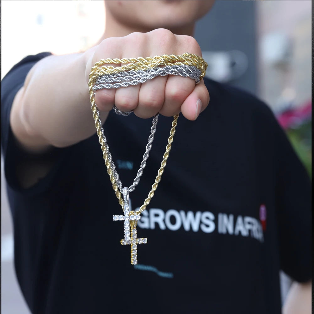 Men Women Hip Hop Cross Shiny Pendant with 4Mm Zircon Tennis Chain Charm Iced Out Bling Exquisite Necklace Jewelry Fashion Gift