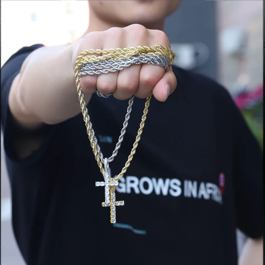 Men Women Hip Hop Cross Shiny Pendant with 4Mm Zircon Tennis Chain Charm Iced Out Bling Exquisite Necklace Jewelry Fashion Gift
