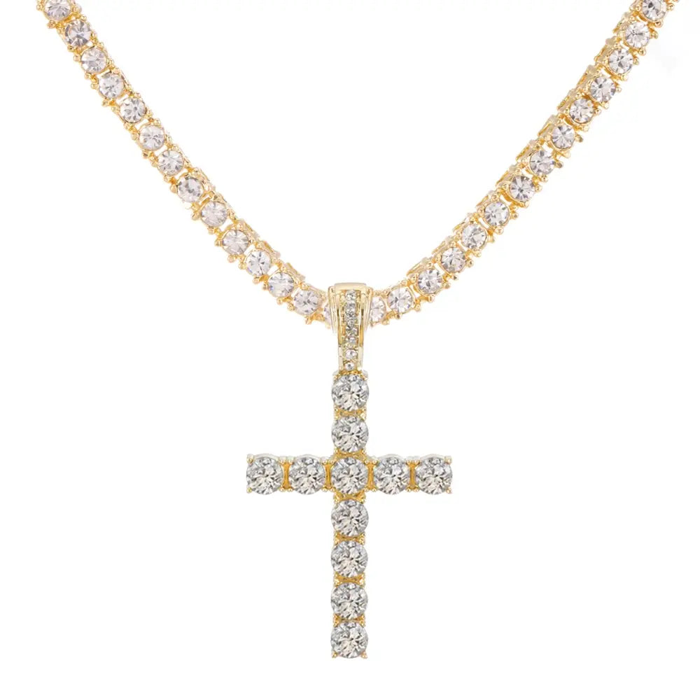 Men Women Hip Hop Cross Shiny Pendant with 4Mm Zircon Tennis Chain Charm Iced Out Bling Exquisite Necklace Jewelry Fashion Gift